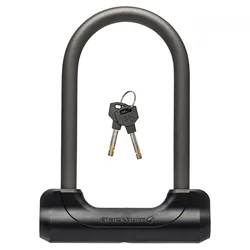 A U-lock with two keys, featuring a robust design for secure locking.