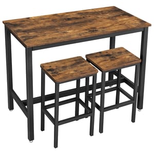 A compact wooden bar table set with a rustic finish, featuring black metal frames, accompanied by two matching stools designed to fit neatly beneath the table.