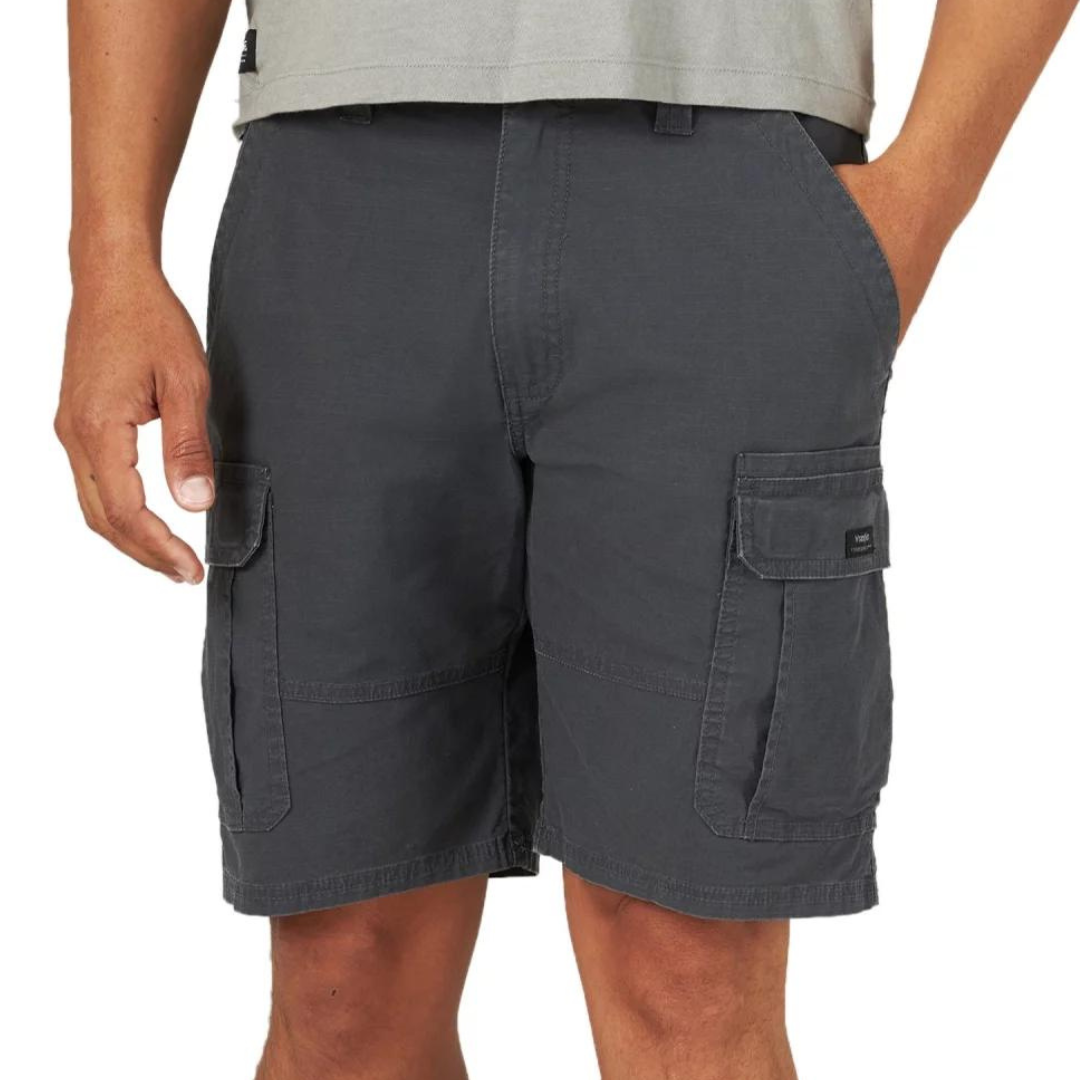 A person wearing dark grey cargo shorts with side pockets.