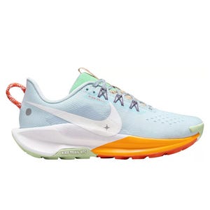 Nike Pegasus Trail 5 Running Shoes feature a light blue upper with a multicolored sole including orange, yellow, red, and green hues, combining style with functionality for trail running.