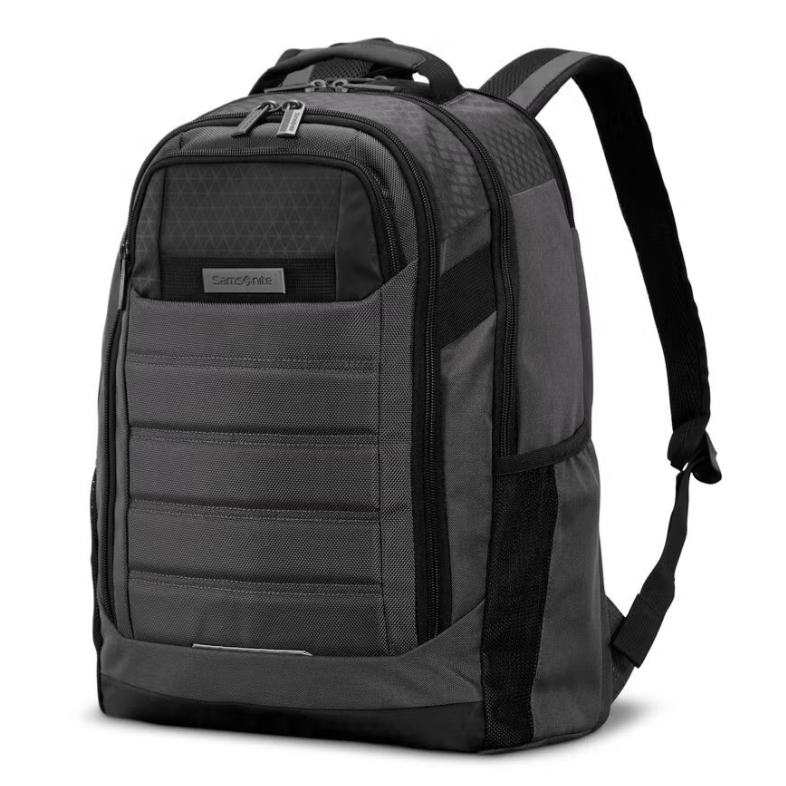 A black and gray backpack with multiple compartments, side mesh pockets, and padded shoulder straps designed for carrying items securely and comfortably.