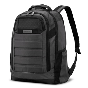 A black and gray backpack with multiple compartments, side mesh pockets, and padded shoulder straps designed for carrying items securely and comfortably.