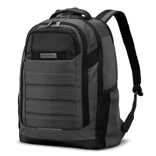 A black and gray backpack with multiple compartments, side mesh pockets, and padded shoulder straps designed for carrying items securely and comfortably.