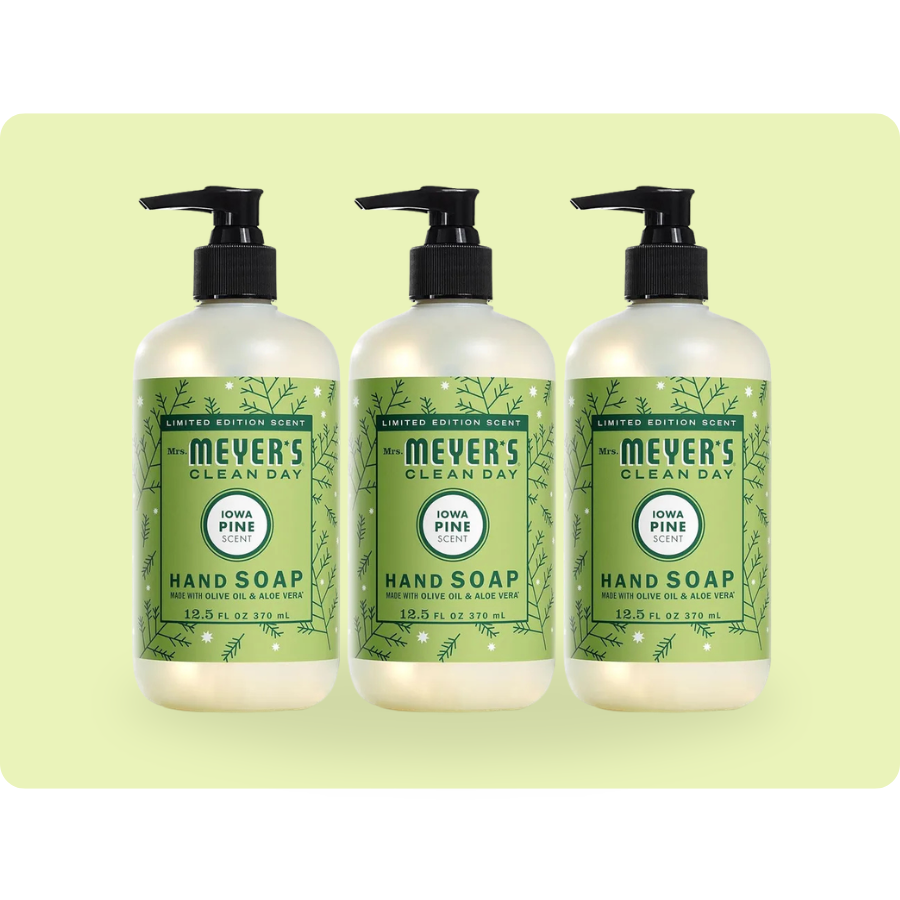 Mrs. Meyer's Clean Day Hand Soap, Iowa Pine scent, 12.5 fl oz each, in a three-pack. Limited edition with a design featuring pine branches.
