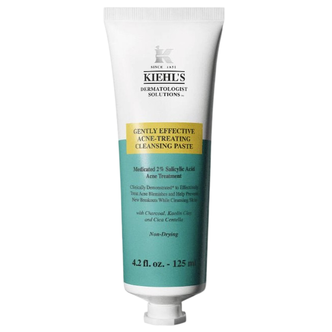 Kiehl's Gently Effective Acne-Treating Cleansing Paste, 4.2 fl. oz. (125 ml), contains 2% salicylic acid, charcoal, kaolin clay, and cica centella for treating acne blemishes. Non-drying formula.