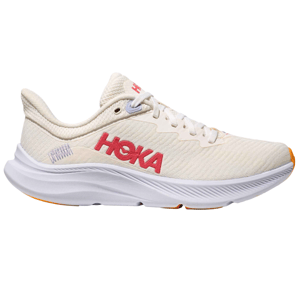 Cream-colored HOKA running shoe with red branding, featuring a thick sole and minimalistic design.