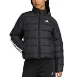 A person is wearing a black puffer jacket with a high collar, featuring a logo on the chest and three white stripes on the sleeves. They are also wearing matching black pants with a logo.