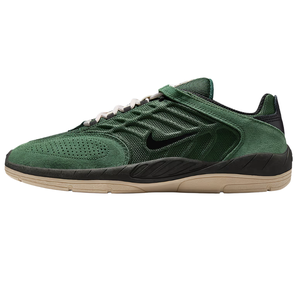 Green and black Nike sneakers with a suede and mesh design, featuring a beige sole and black Swoosh logo.