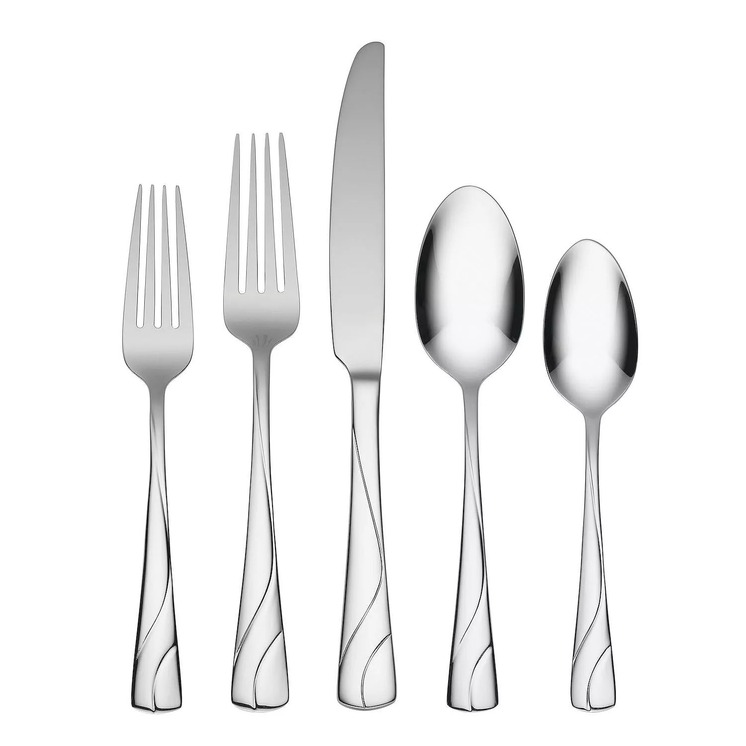 The Oneida 72pc flatware set features a polished stainless steel design with a subtle wave pattern on the handles. Includes settings for twelve: dinner forks, salad forks, dinner knives, soup spoons, and teaspoons.