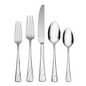 The Oneida 72pc flatware set features a polished stainless steel design with a subtle wave pattern on the handles. Includes settings for twelve: dinner forks, salad forks, dinner knives, soup spoons, and teaspoons.