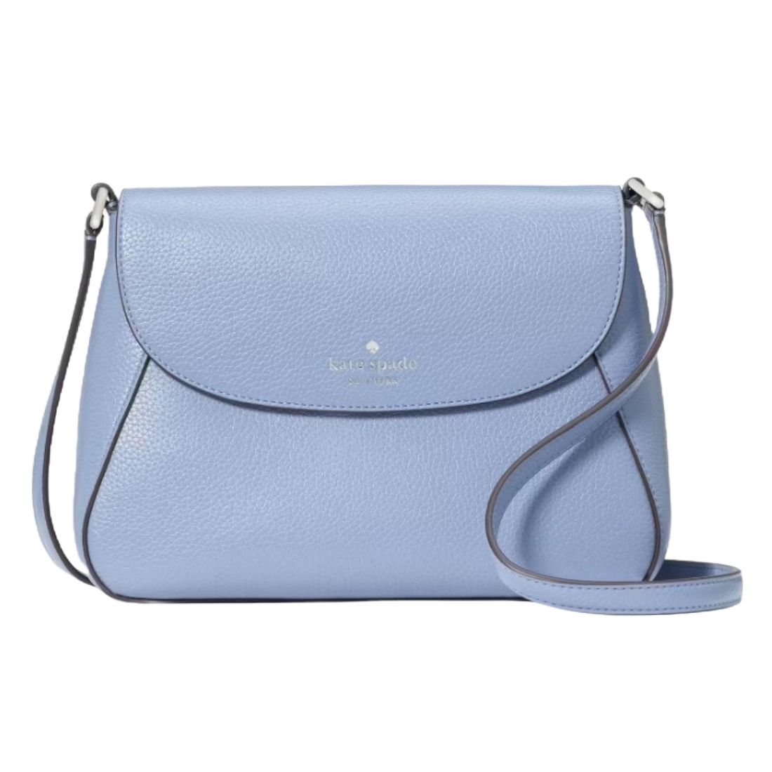 Kate Spade Medium Leather Crossbody in light blue features a pebbled texture, curved flap closure, and adjustable strap, offering a classic and versatile style.