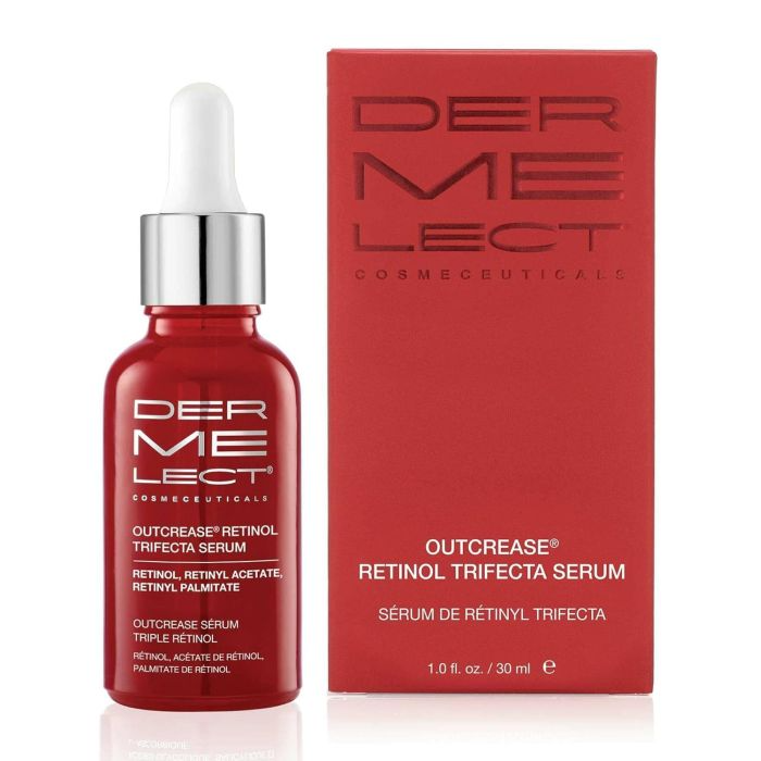 Dermelect Cosmeceuticals Outcrease Retinol Trifecta Serum with a focus on retinol, retinyl acetate, and retinyl palmitate. The bottle size is 1.0 fl. oz./30 ml.