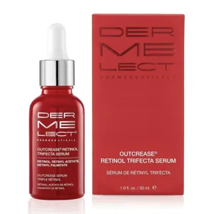 Dermelect Cosmeceuticals Outcrease Retinol Trifecta Serum with a focus on retinol, retinyl acetate, and retinyl palmitate. The bottle size is 1.0 fl. oz./30 ml.