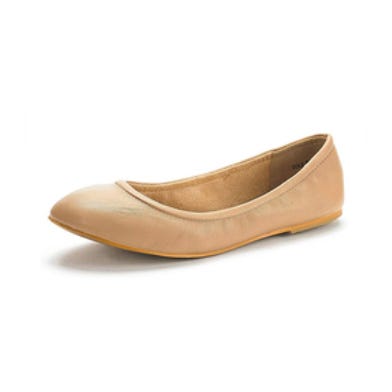 A tan ballet flat with a rounded toe and a simple, minimalist design.