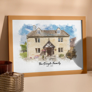 A framed watercolor-style artwork depicts a stone house with \“The Dingle Family Est. 1824\“ captioned below.
