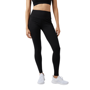 A person is wearing black high-waisted leggings and white athletic sneakers.