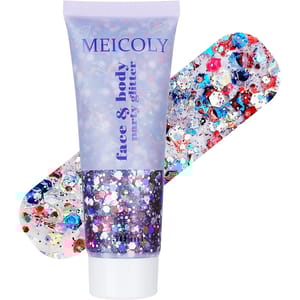 MEICOLY face and body party glitter features a red, white, and blue color scheme in a 50 ml tube, designed for festive occasions and special events.