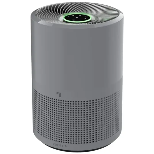 A sleek, cylindrical air purifier with a perforated lower section, a top vent, and controls on the top surface, labeled \“PURIFY 9.\“
