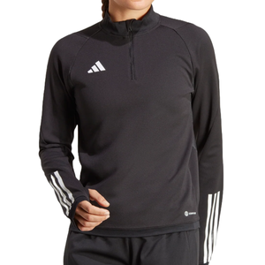 Black Adidas Tiro 23 Training Top with a quarter-zip design, featuring the Adidas logo on the chest and iconic three white stripes on the sleeves.