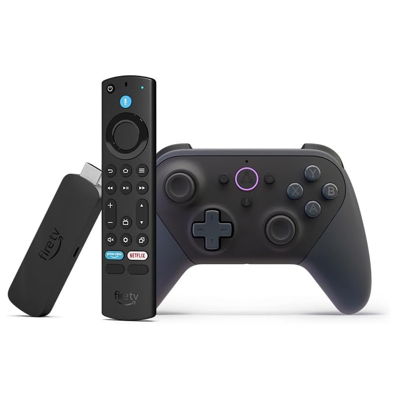 Amazon Fire TV Stick 4K Max and Luna Controller bundle includes a streaming stick with remote control for accessing 4K content and dedicated buttons for popular apps, along with a wireless game controller designed for cloud gaming.