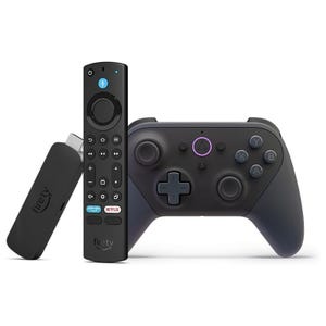 Amazon Fire TV Stick 4K Max and Luna Controller bundle includes a streaming stick with remote control for accessing 4K content and dedicated buttons for popular apps, along with a wireless game controller designed for cloud gaming.