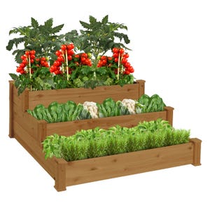 A three-tier wooden raised garden bed contains rosemary, basil, lettuce, cauliflower, and tomato plants.