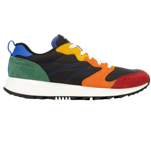 A colorful sneaker featuring a mix of black, red, orange, yellow, green, and blue panels with a white midsole and black outsole, branded \“MERRELL.\“