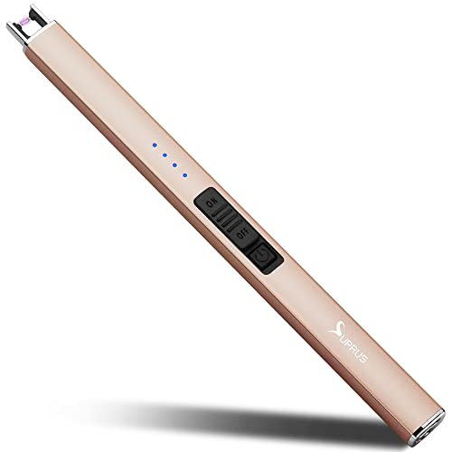 A slim, beige USB flameless lighter with a power switch and LED battery indicators.
