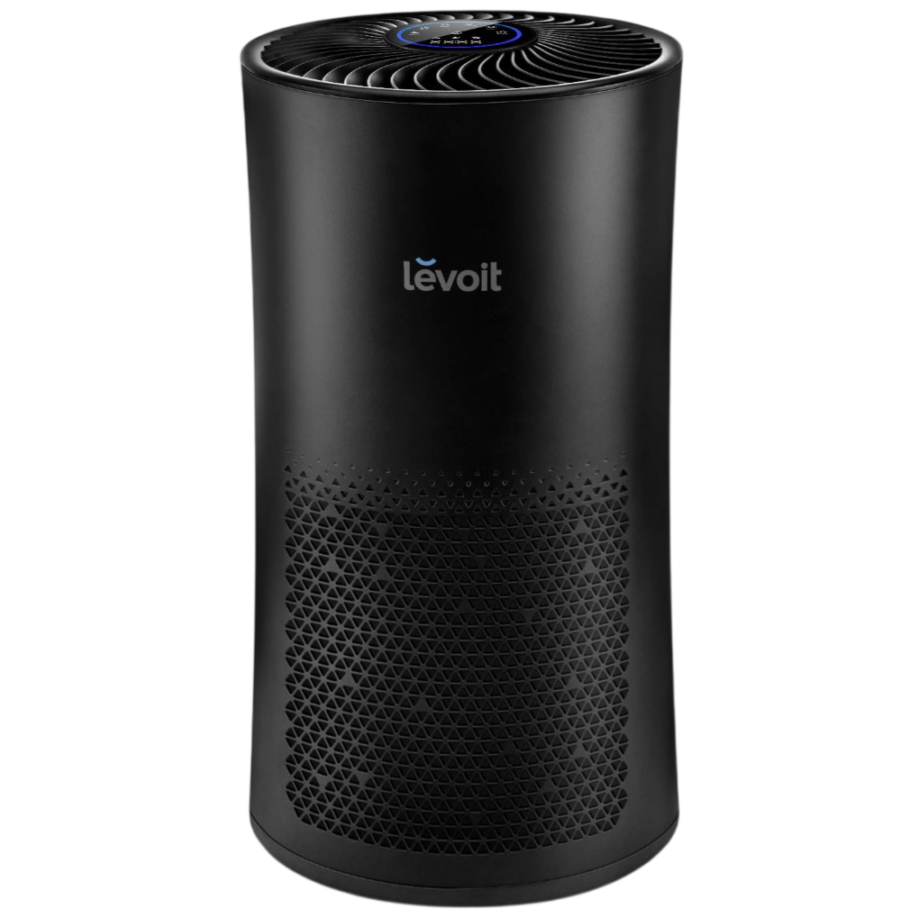 A black Levoit air purifier featuring a cylindrical design with a digital control panel on top and a perforated pattern on the front for air intake.