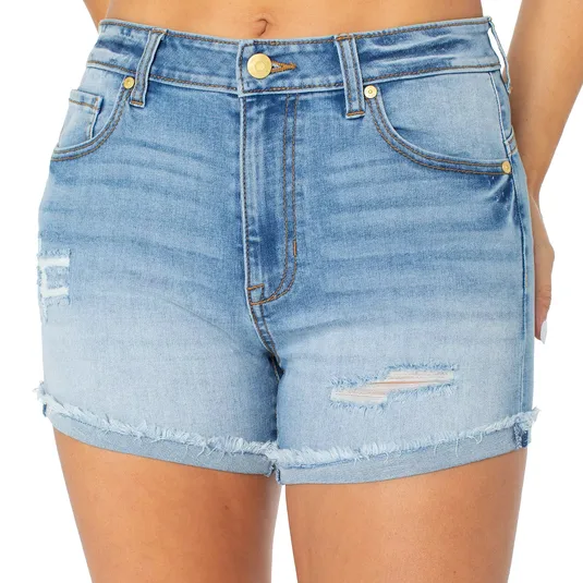 Denim shorts with a faded wash, featuring frayed hems and a distressed design.