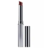 A sleek, silver-cased lipstick with a cap removed, revealing a bullet of brownish shade.