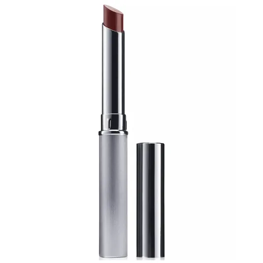 A sleek, silver-cased lipstick with a cap removed, revealing a bullet of brownish shade.