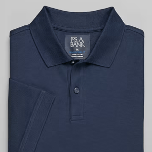 Navy blue polo shirt with a collar and a Jos A. Bank label indicating a medium traditional fit, made of 100% cotton.