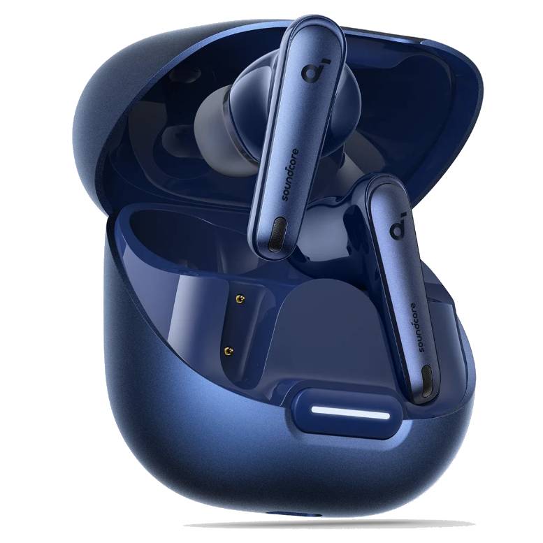 A pair of blue Anker Soundcore wireless earbuds in an open charging case.