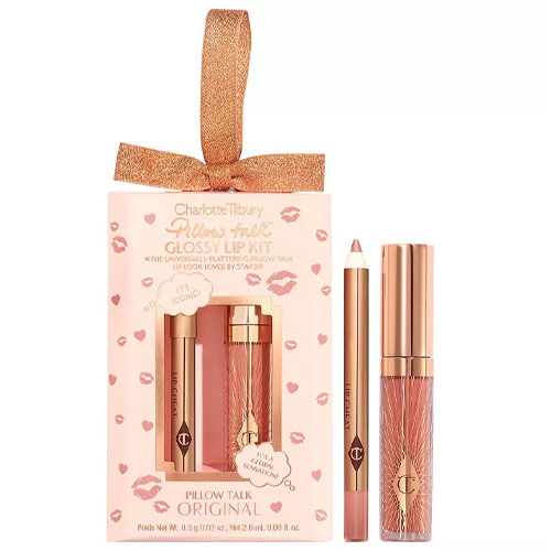 Charlotte Tilbury Pillow Talk Glossy Lip Kit includes a lip liner and a glossy lip color in the shade \“Pillow Talk Original,\“ packaged with a decorative box and ribbon.