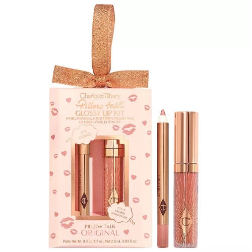 Charlotte Tilbury Pillow Talk Glossy Lip Kit includes a lip liner and a glossy lip color in the shade \“Pillow Talk Original,\“ packaged with a decorative box and ribbon.
