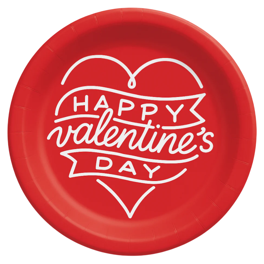 Red paper plate with white text that reads \“Happy Valentine's Day,\“ featuring a heart and ribbon design.