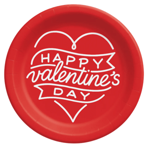 Red paper plate with white text that reads \“Happy Valentine's Day,\“ featuring a heart and ribbon design.