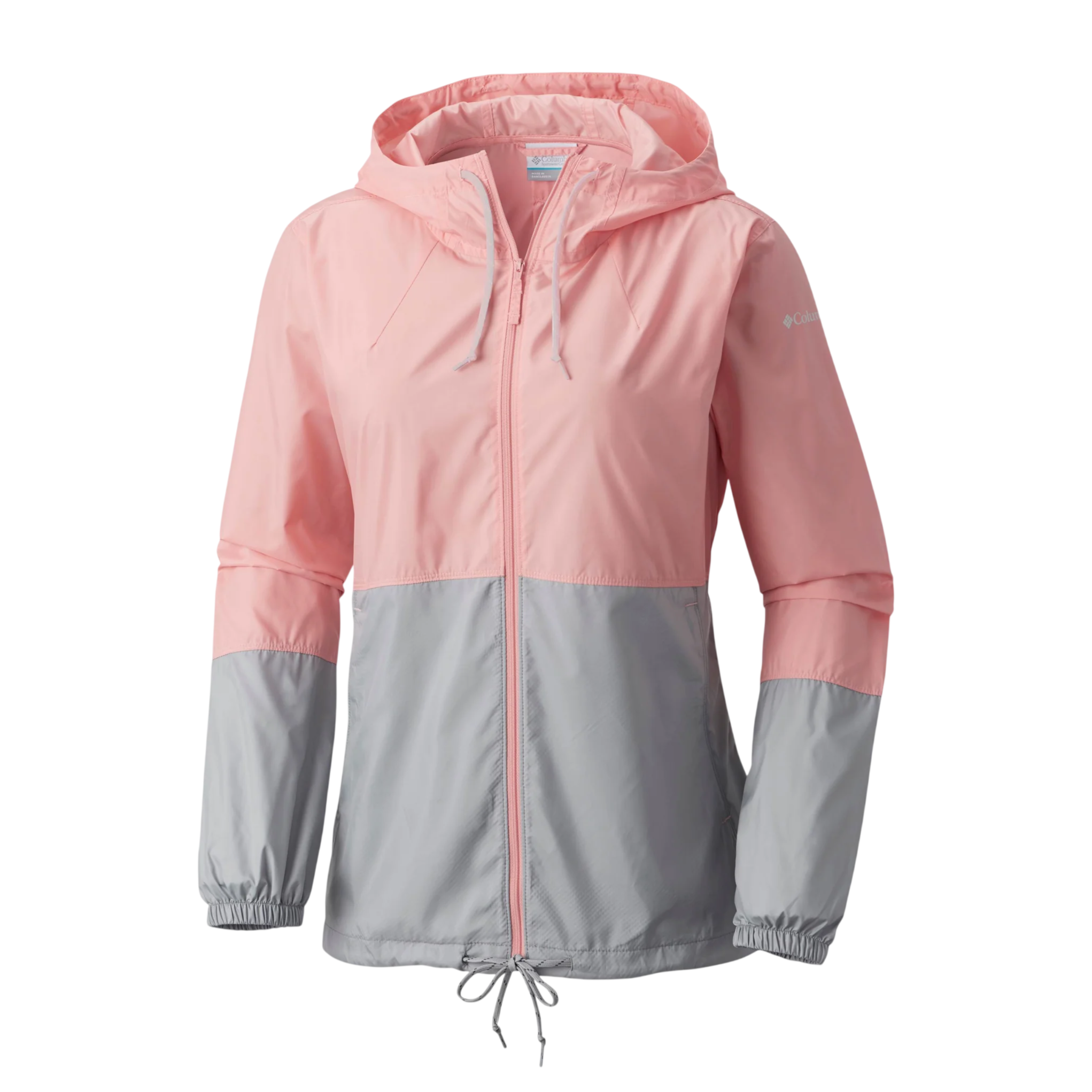 A pink and gray hooded jacket with elastic cuffs, a front zipper, and adjustable drawstrings at the hood and hem.