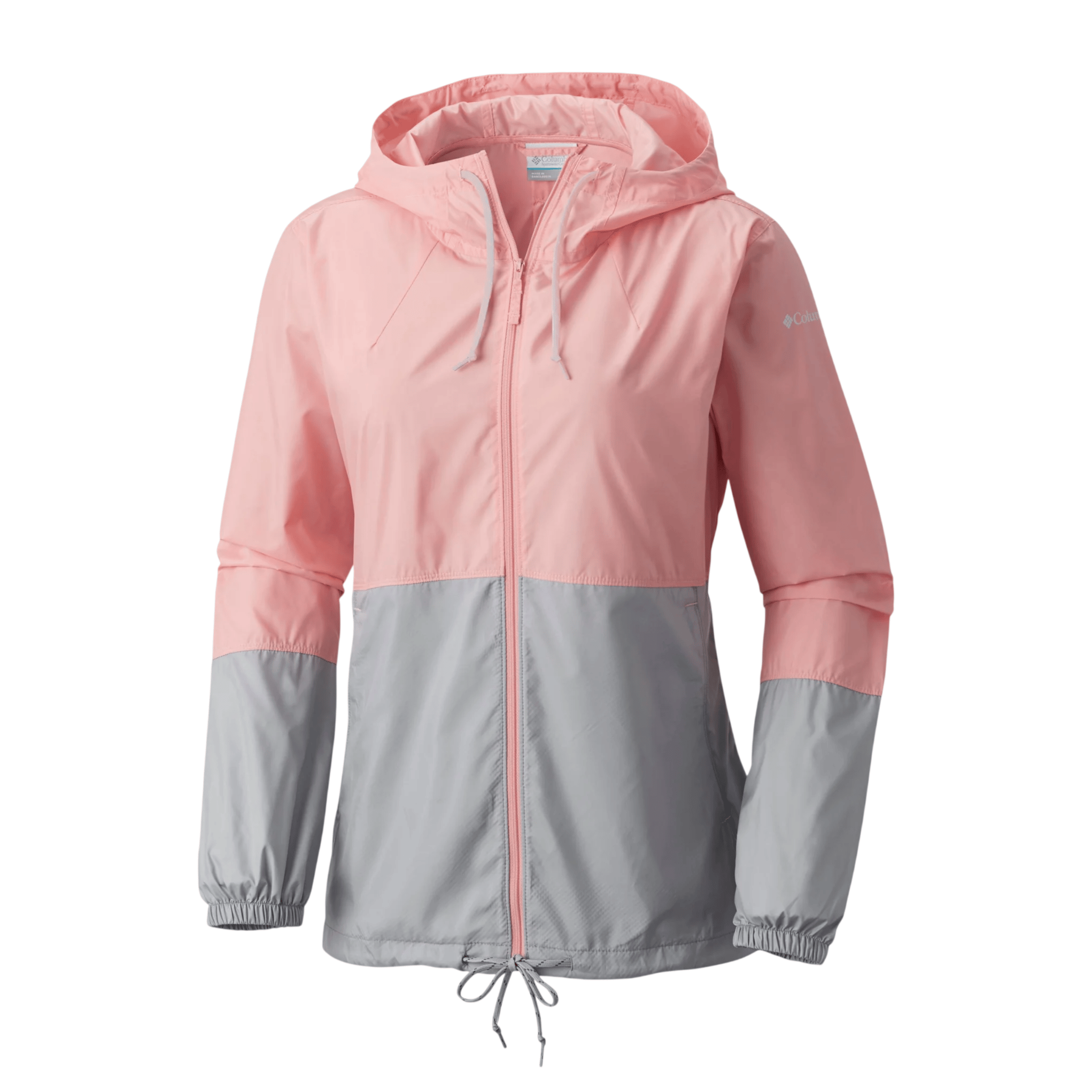 A pink and gray hooded jacket with elastic cuffs, a front zipper, and adjustable drawstrings at the hood and hem.