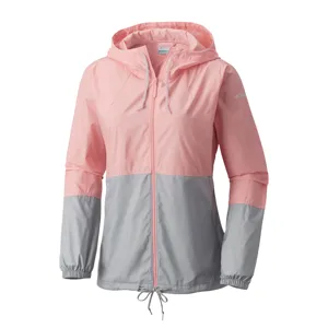 A pink and gray hooded jacket with elastic cuffs, a front zipper, and adjustable drawstrings at the hood and hem.