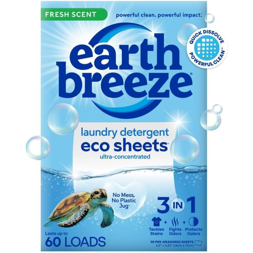 Earth Breeze Laundry Detergent Eco Sheets (60 loads) are ultra-concentrated, fresh-scented sheets that dissolve quickly. They tackle stains, fight odors, and protect colors without using a plastic jug.