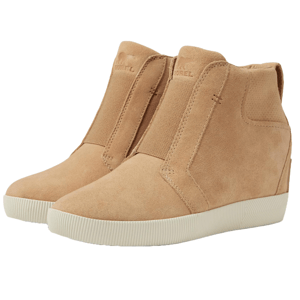 Tan suede wedge booties with a sleek, slip-on design, featuring elastic side panels and a rubber sole for comfort and traction.