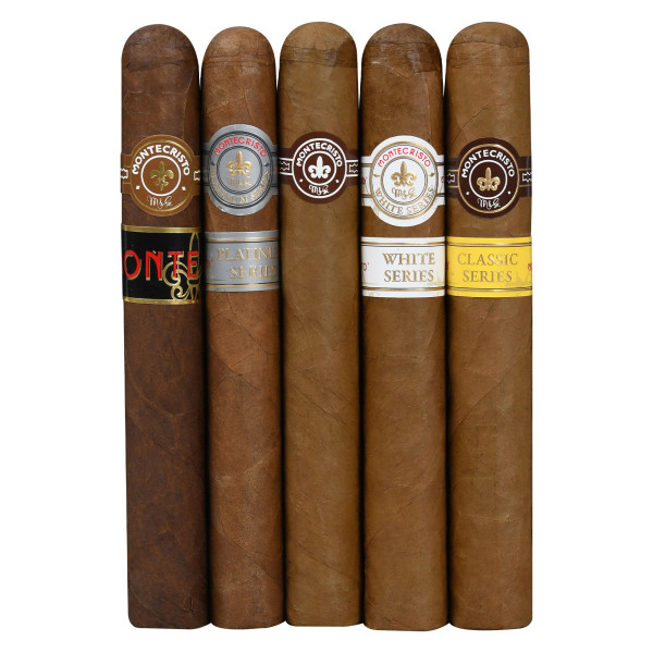 Five cigars are displayed, each labeled with different Montecristo series: Monte, Platinum, White, and Classic.