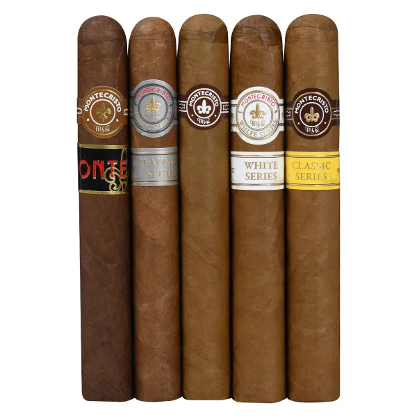 Five cigars are displayed, each labeled with different Montecristo series: Monte, Platinum, White, and Classic.