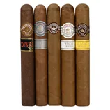 Five cigars are displayed, each labeled with different Montecristo series: Monte, Platinum, White, and Classic.