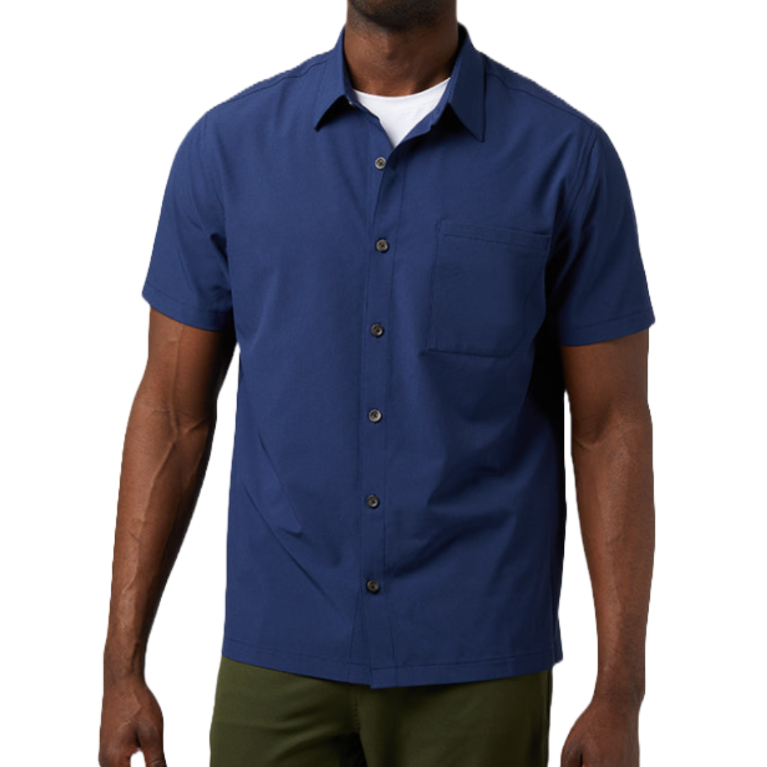A navy blue, short-sleeve button-up dress shirt with a single chest pocket, collar, and straight hem, paired with olive green pants.