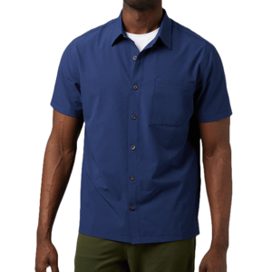 A navy blue, short-sleeve button-up dress shirt with a single chest pocket, collar, and straight hem, paired with olive green pants.