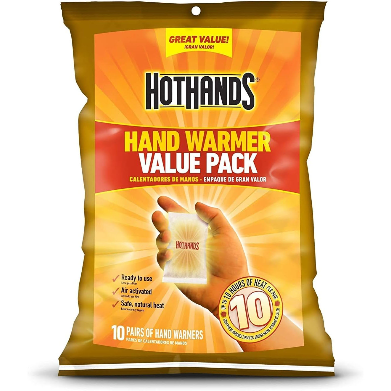 HotHands Hand Warmer Value Pack includes 10 pairs of hand warmers, offering up to 10 hours of safe, natural heat. These are ready to use and air activated.