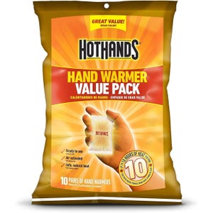 HotHands Hand Warmer Value Pack includes 10 pairs of hand warmers, offering up to 10 hours of safe, natural heat. These are ready to use and air activated.